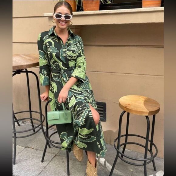 Zara Bold Green Print Maxi Button Up Belt Dress Leaf Print Size S– 100% Cotton - Picture 8 of 14